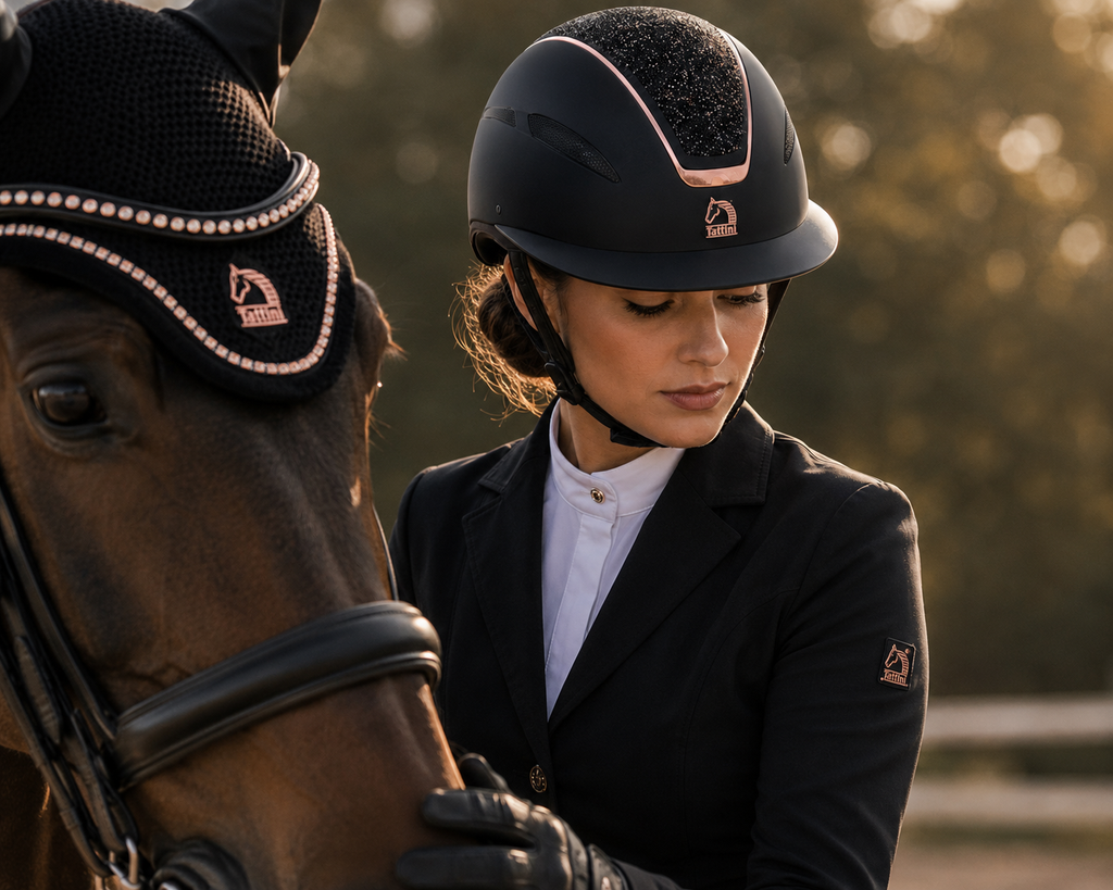 CAP EQUITAZIONE TATTINI NETTUNO CON CRISTALLI E ORO ROSA